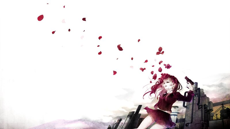 Anime girl with gun and petals