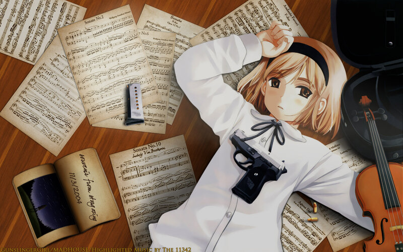 Anime girl with gun and sheet music