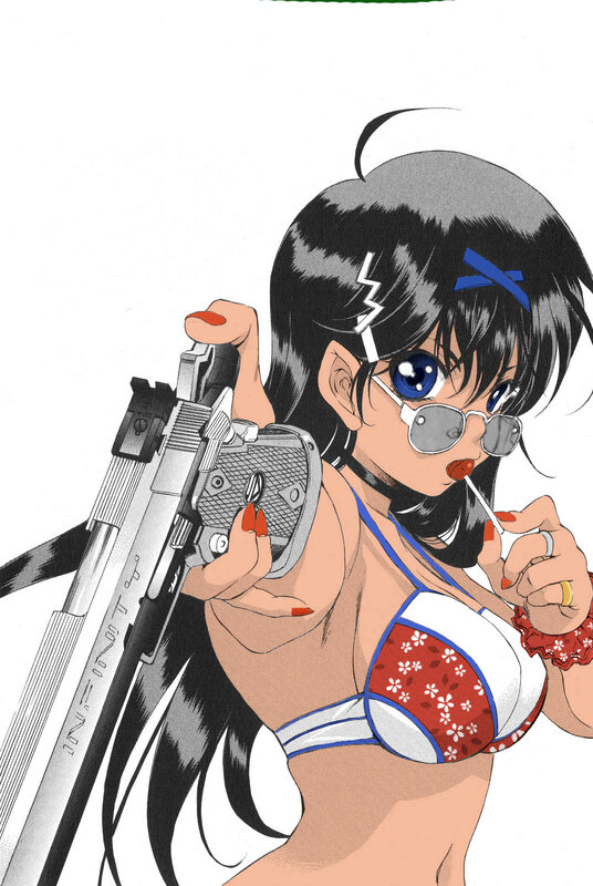 anime girl with gun and sunglasses
