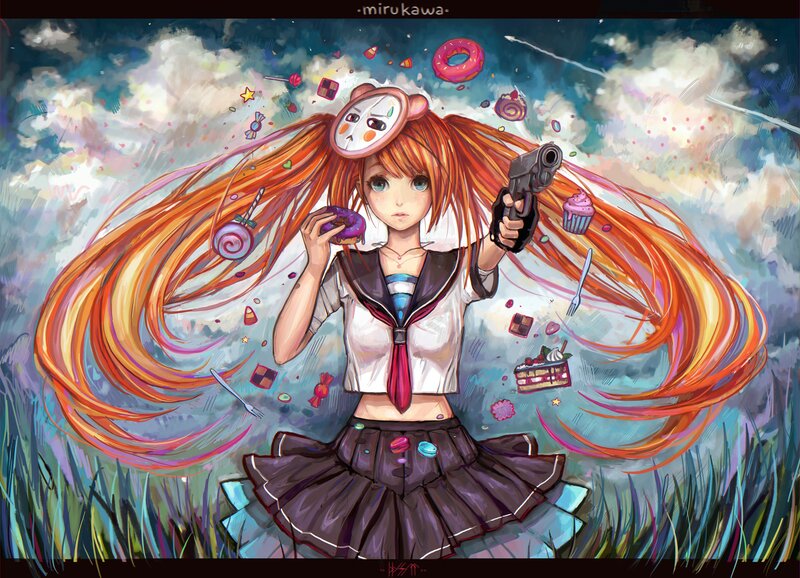 anime girl with gun and sweets
