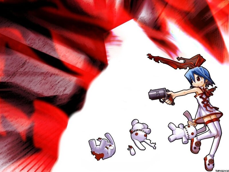 Anime girl with gun and teddy bears