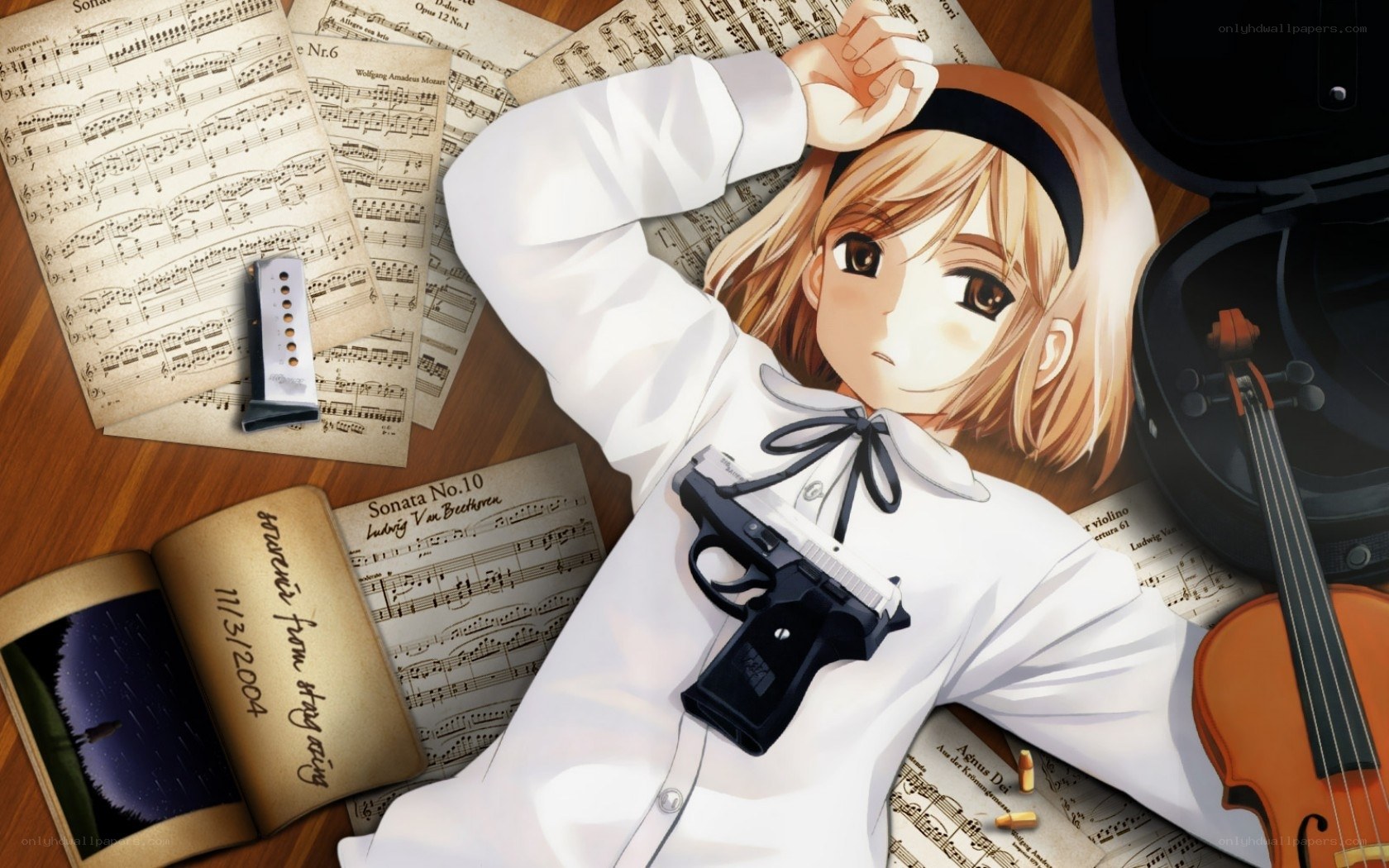 anime girl with gun and violin