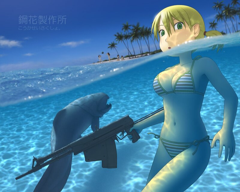 Anime girl with gun at beach