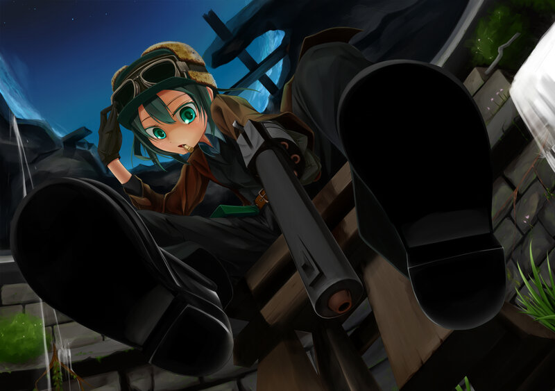 anime girl with gun at night