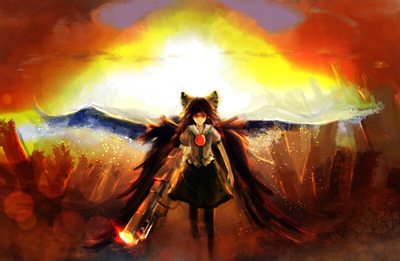 anime girl with gun at sunset