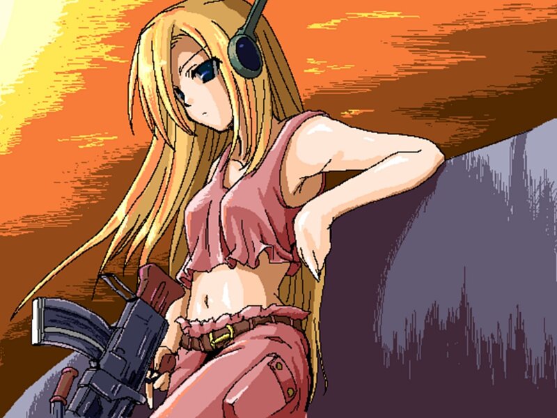 anime girl with gun at sunset