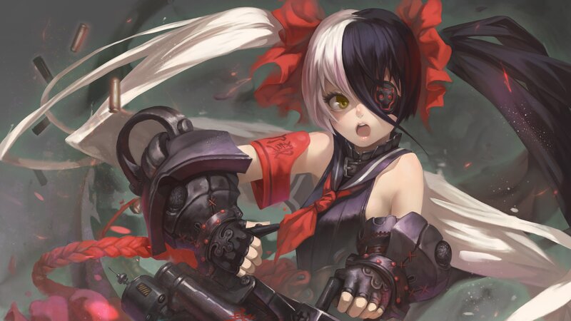 Anime Girl with Gun — Black, Dramatic, Digital Art, Bullet Casings