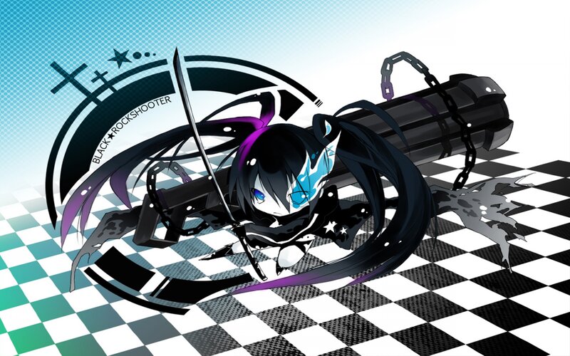 Anime Girl with Gun — Black, Dramatic, Digital Art, Chains, Checkered Floor