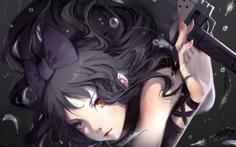 Anime Girl with Gun — Black, Dramatic, Digital Art, Feathers