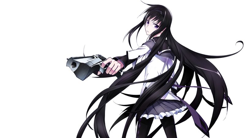 Anime Girl with Gun — Black, Dramatic, Long Hair, School Uniform