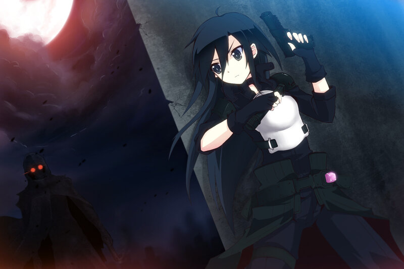 Anime Girl with Gun — Black, Dramatic, Night, Monster