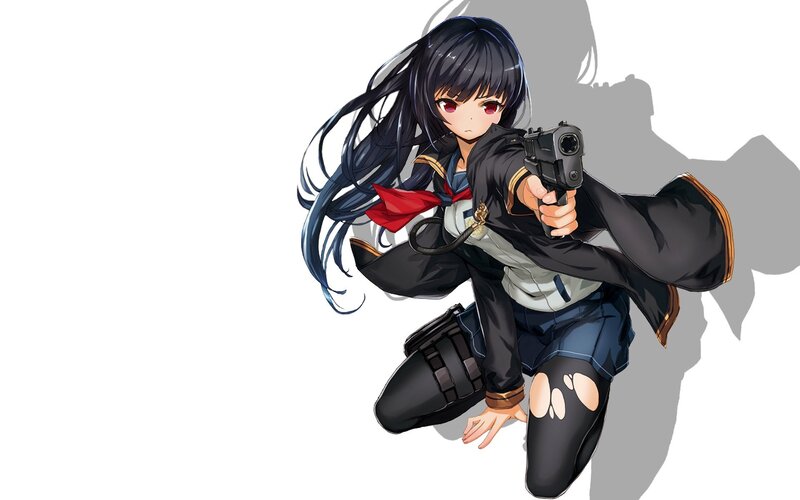 Anime Girl with Gun — Black, Dramatic, School Uniform, Black Hair