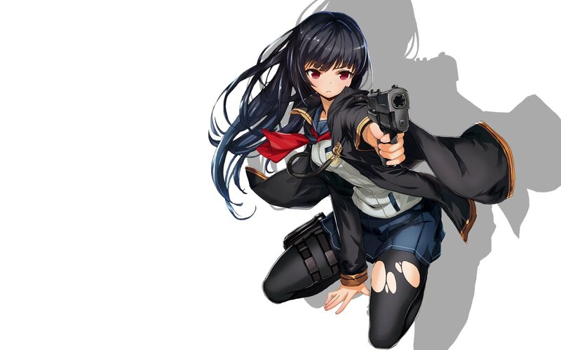 Anime Girl with Gun — Black, Dramatic, School Uniform, Long Hair