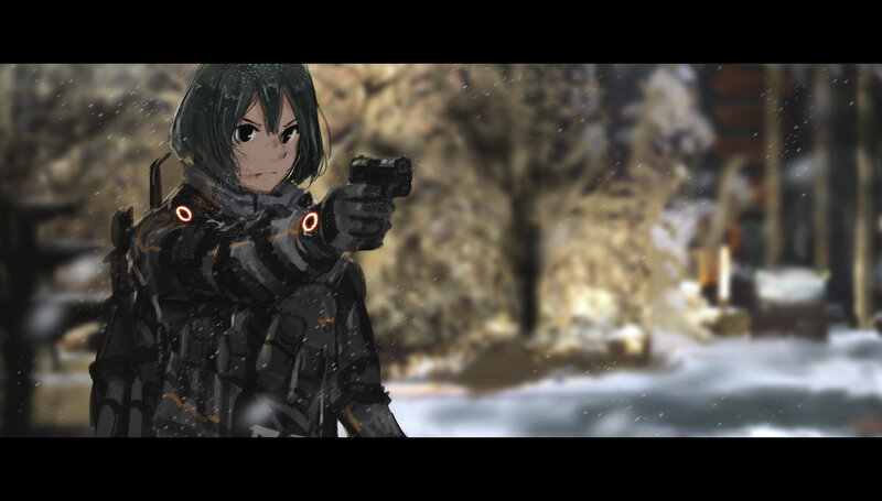 Anime Girl with Gun — Black, Dramatic, Winter