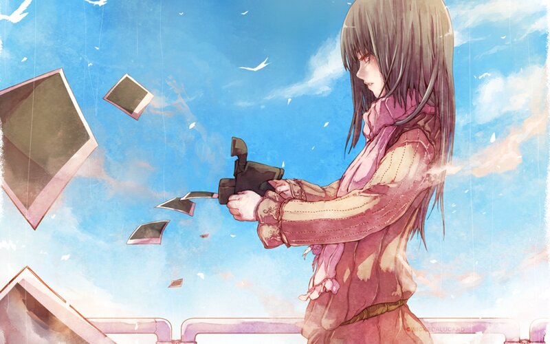 Anime Girl with Gun — Blue, Dramatic, Afternoon