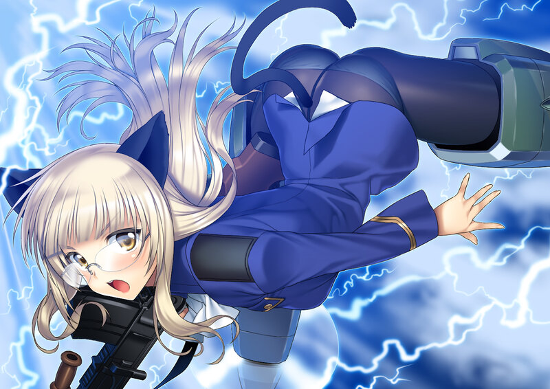 Anime Girl with Gun — Blue, Dramatic, Cat Ears, Lightning