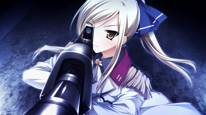 Anime Girl with Gun — Blue, Dramatic, Night, Blue Bow