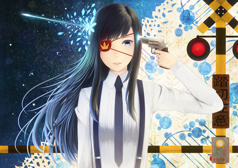 Anime Girl with Gun — Blue, Dramatic, Night, Digital Art, Eye Patch