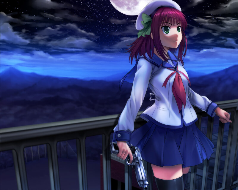 Anime Girl with Gun — Blue, Dramatic, Night, Moon