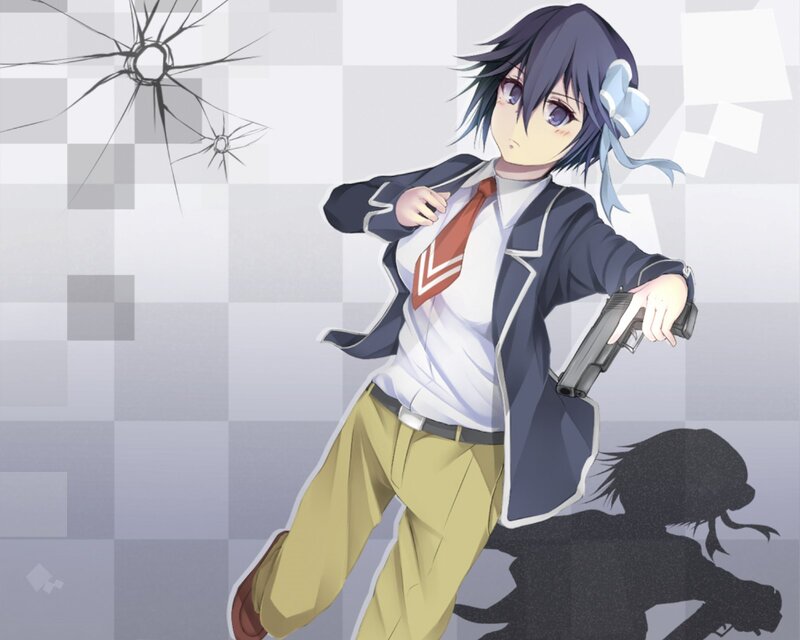 Anime Girl with Gun — Blue, Dramatic, School Uniform, Shattered Glass