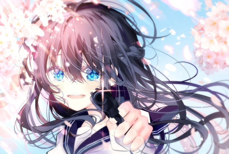 Anime Girl with Gun — Blue, Dramatic, Spring