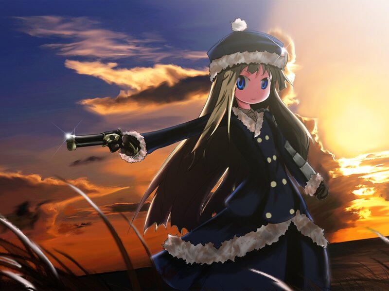 Anime Girl with Gun — Blue, Dramatic, Sunset