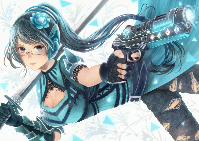 Anime Girl with Gun — Blue, Dynamic, Digital Art, Sword