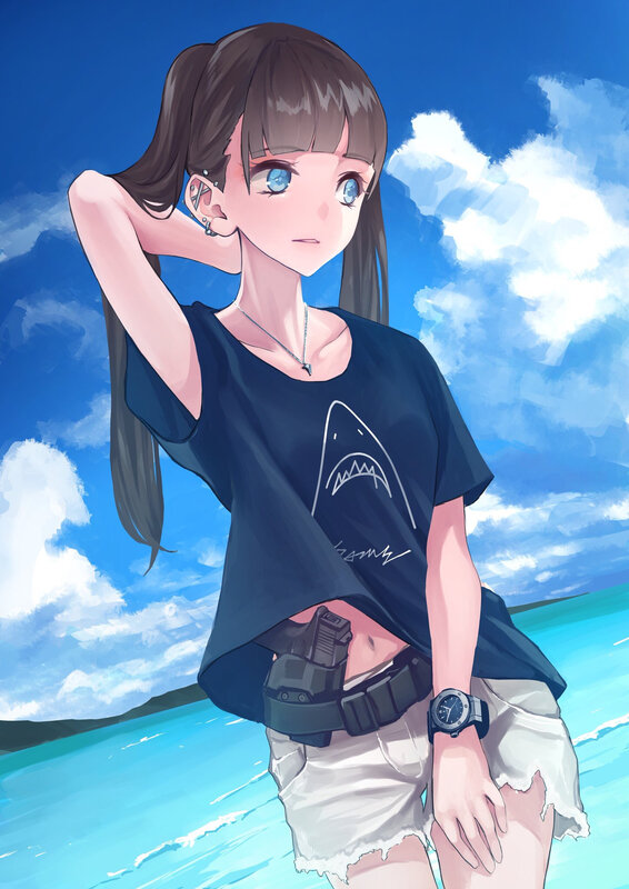 Anime Girl with Gun — Blue, Serene