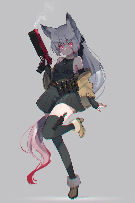 Anime Girl with Gun — Gray, Confident, Digital Art, Cat Ears