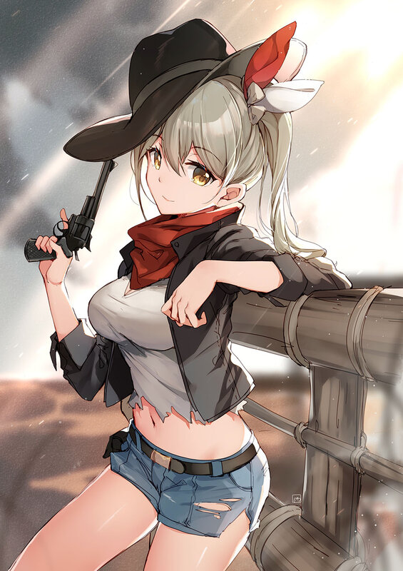 Anime Girl with Gun — Gray, Dramatic, Digital Art, Hat