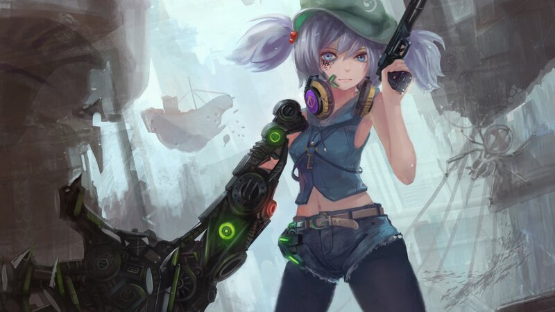 Anime Girl with Gun — Gray, Dramatic, Digital Art