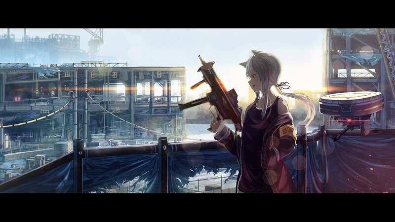 Anime Girl with Gun — Gray, Dramatic, Sunset