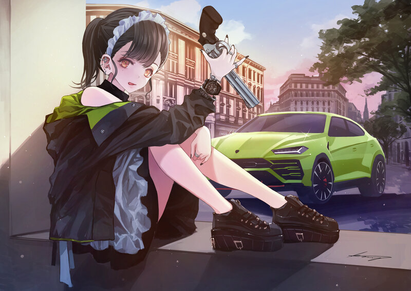 Anime Girl with Gun — Green, Dramatic, Sunset