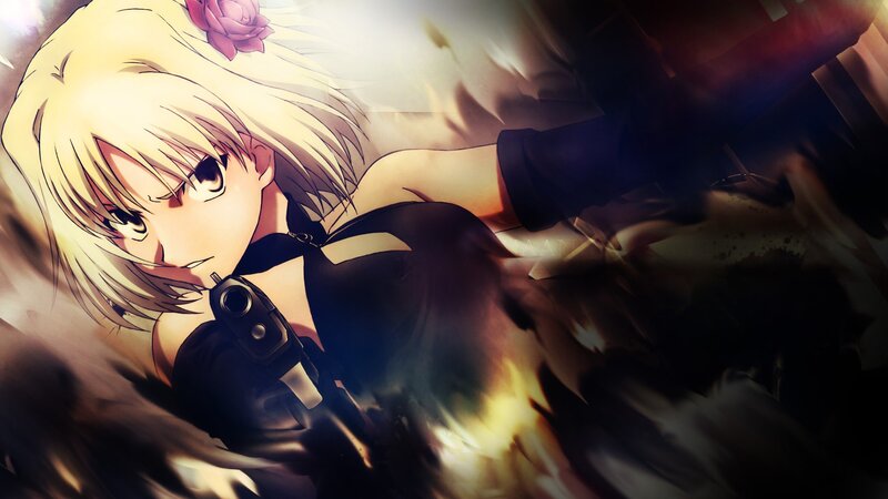 anime girl with gun in action