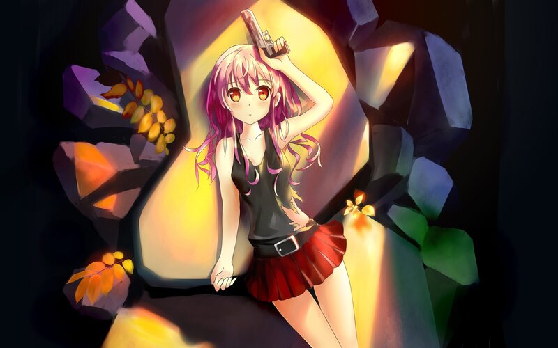 anime girl with gun in cave