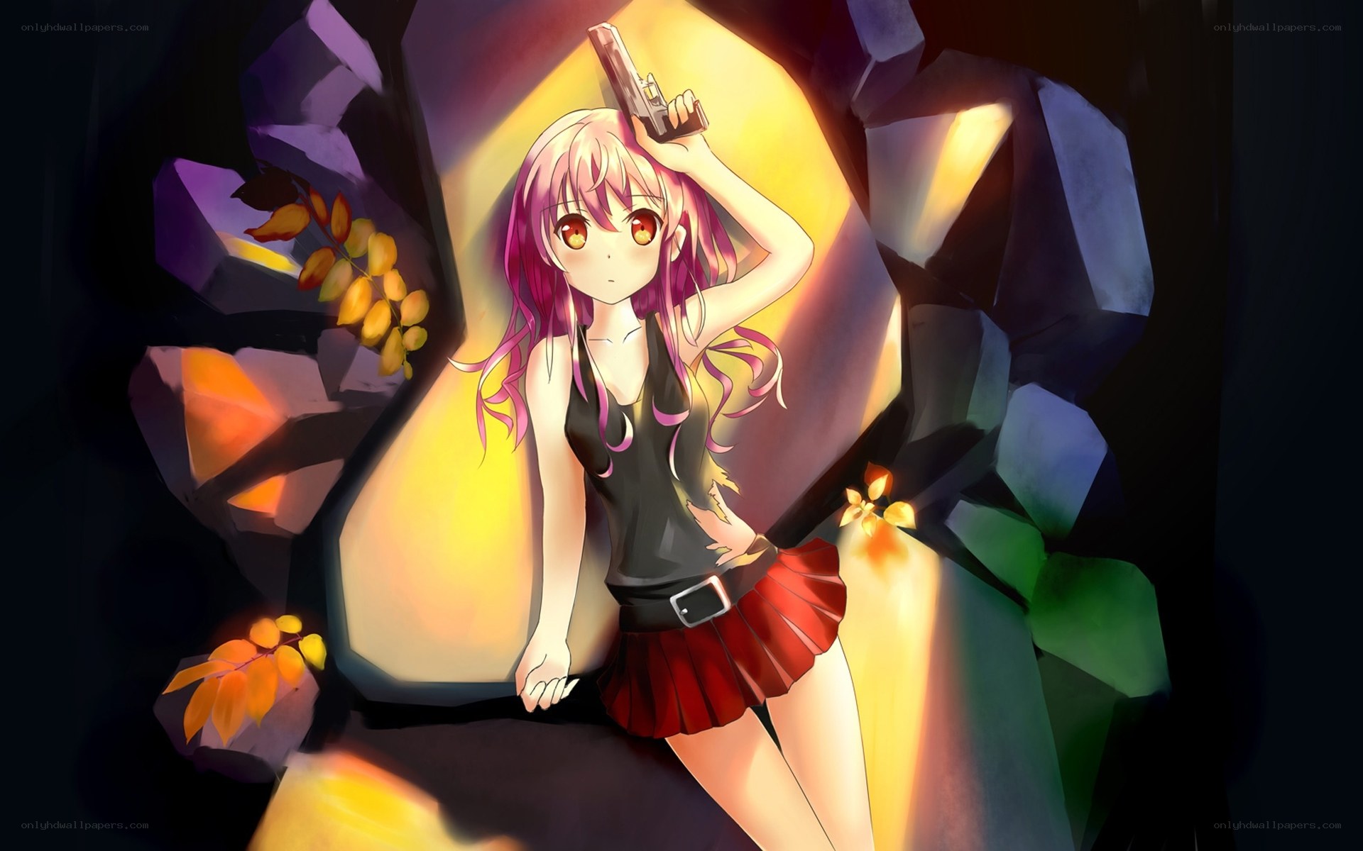 anime girl with gun in cave