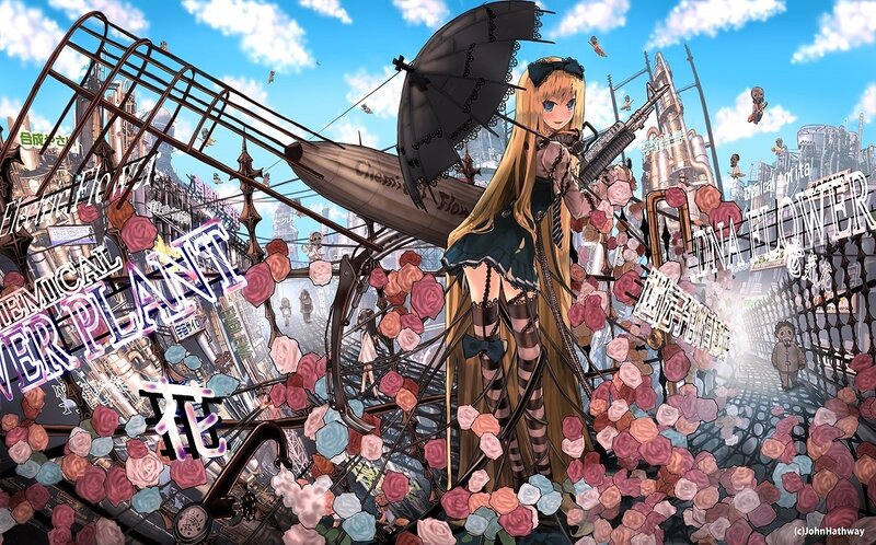 Anime girl with gun in city