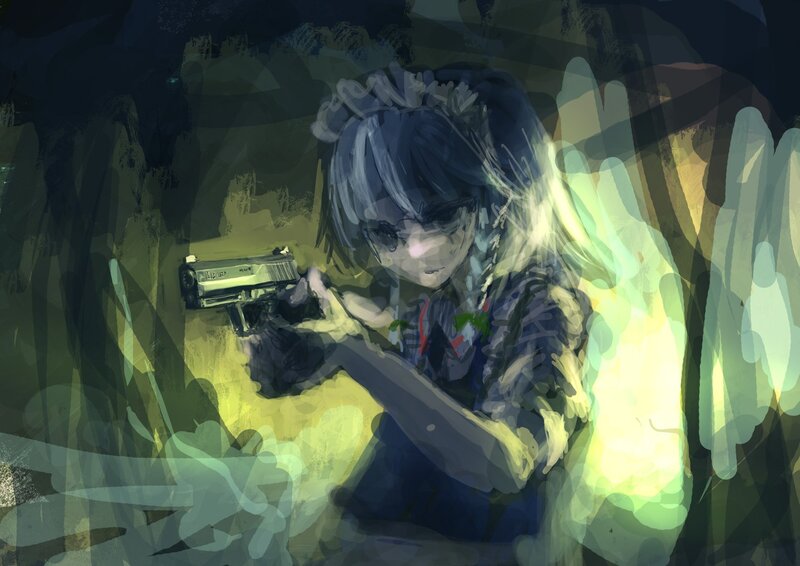 anime girl with gun in dark forest