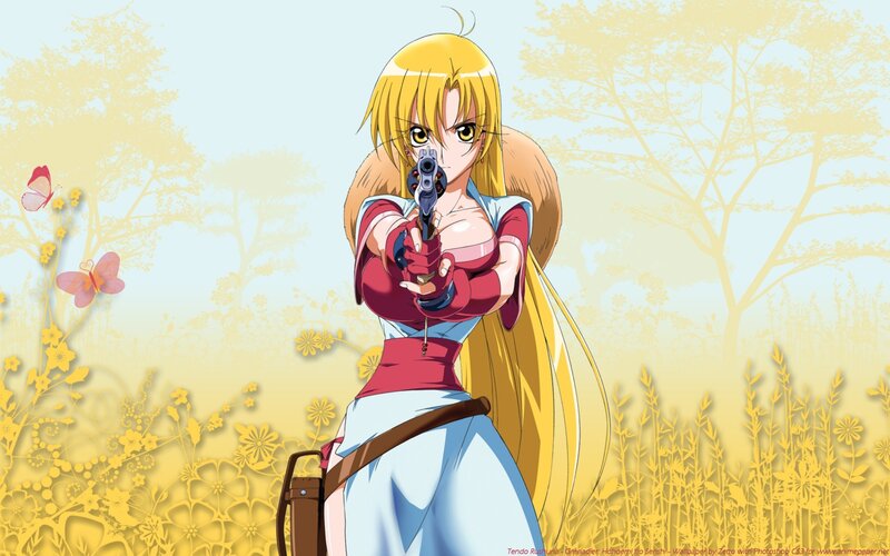 Anime girl with gun in field