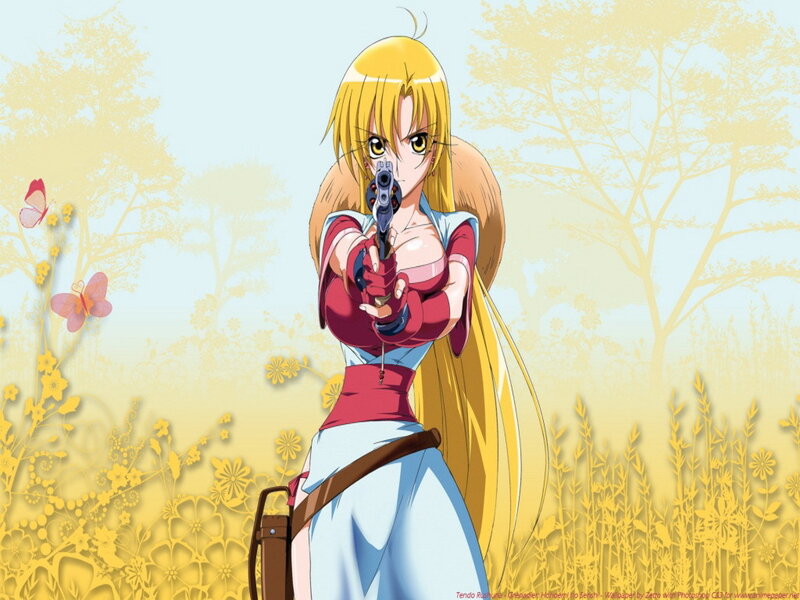 Anime girl with gun in field