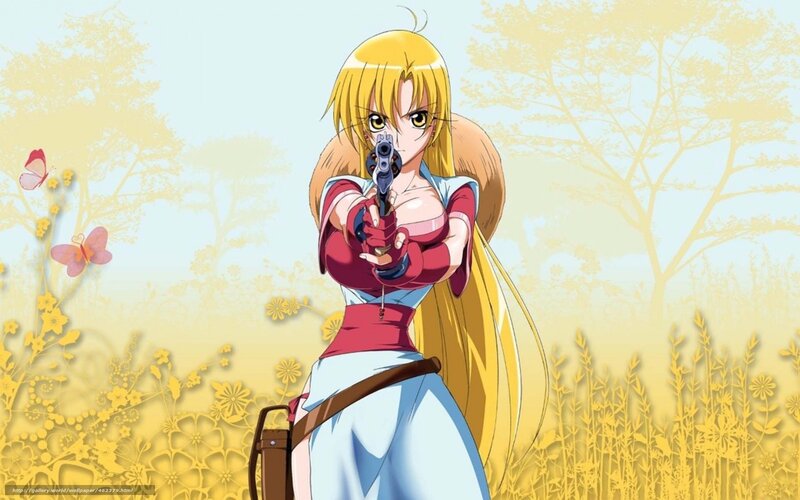 Anime girl with gun in field