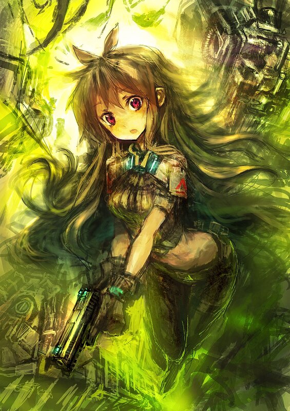 anime girl with gun in green light