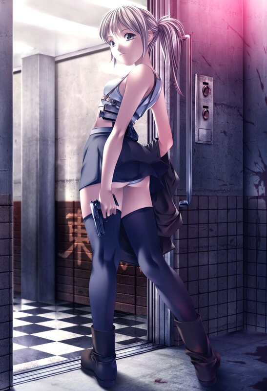 anime girl with gun in hallway