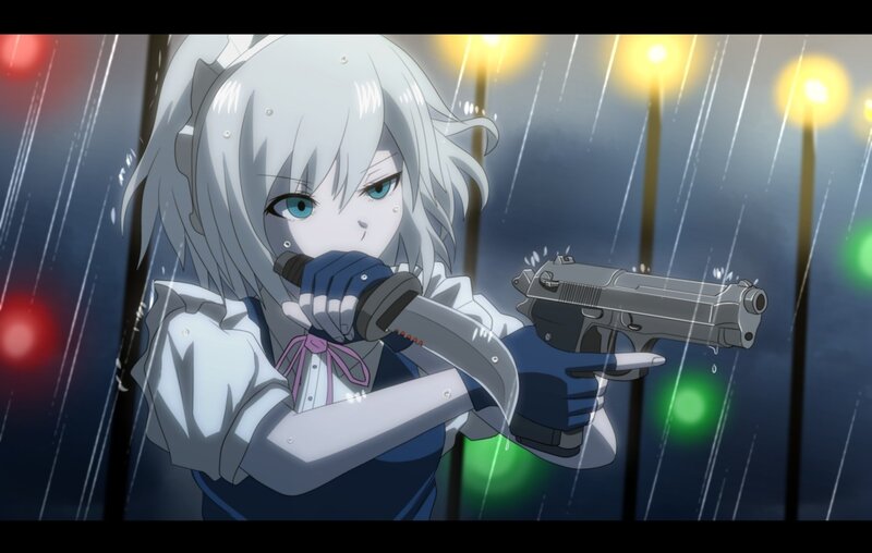 anime girl with gun in rain