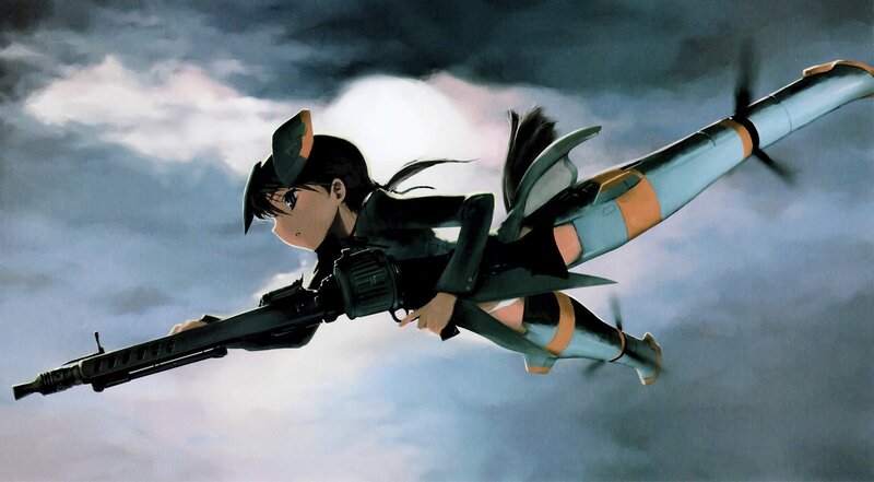 anime girl with gun in sky