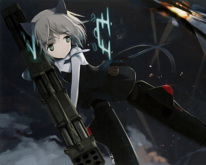 anime girl with gun in sky