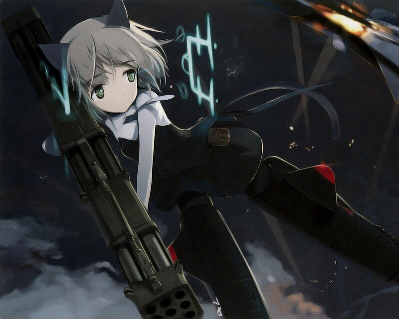 anime girl with gun in sky