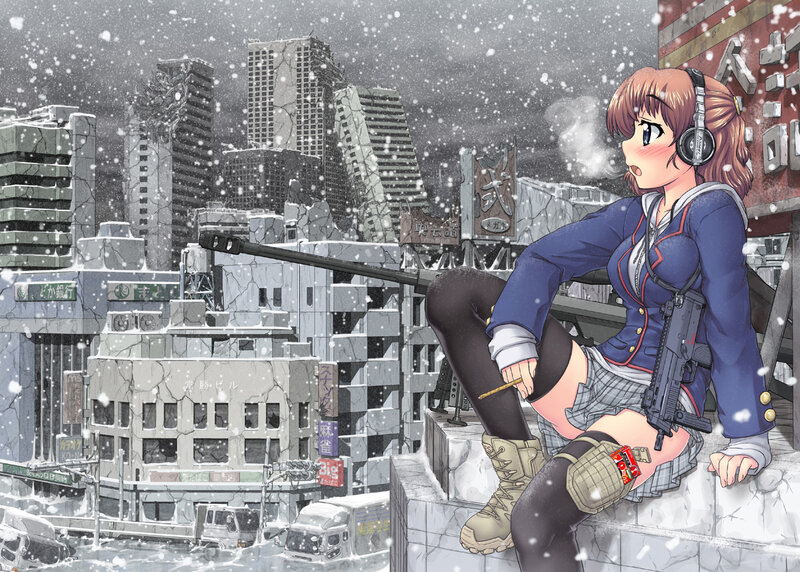 Anime girl with gun in snowy city
