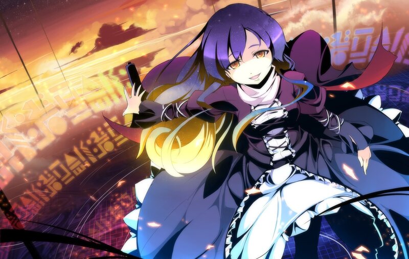 anime girl with gun in sunset