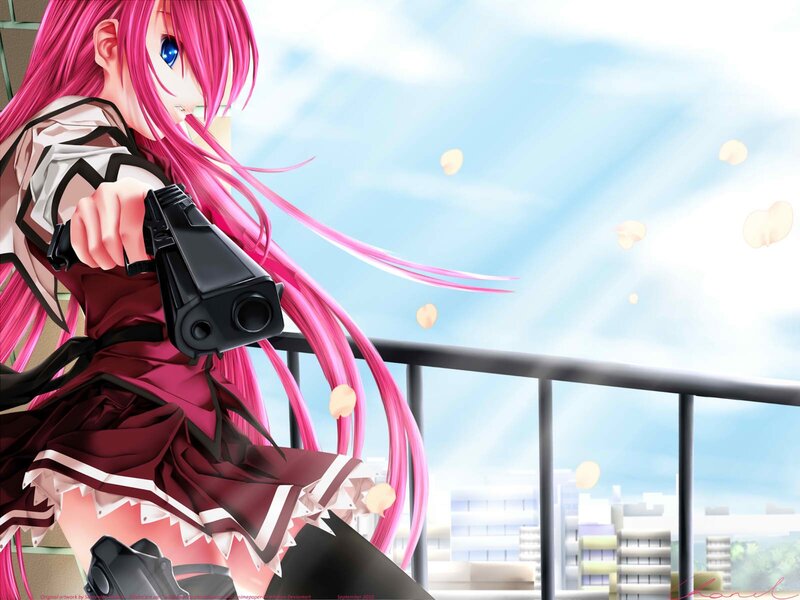 anime girl with gun on balcony